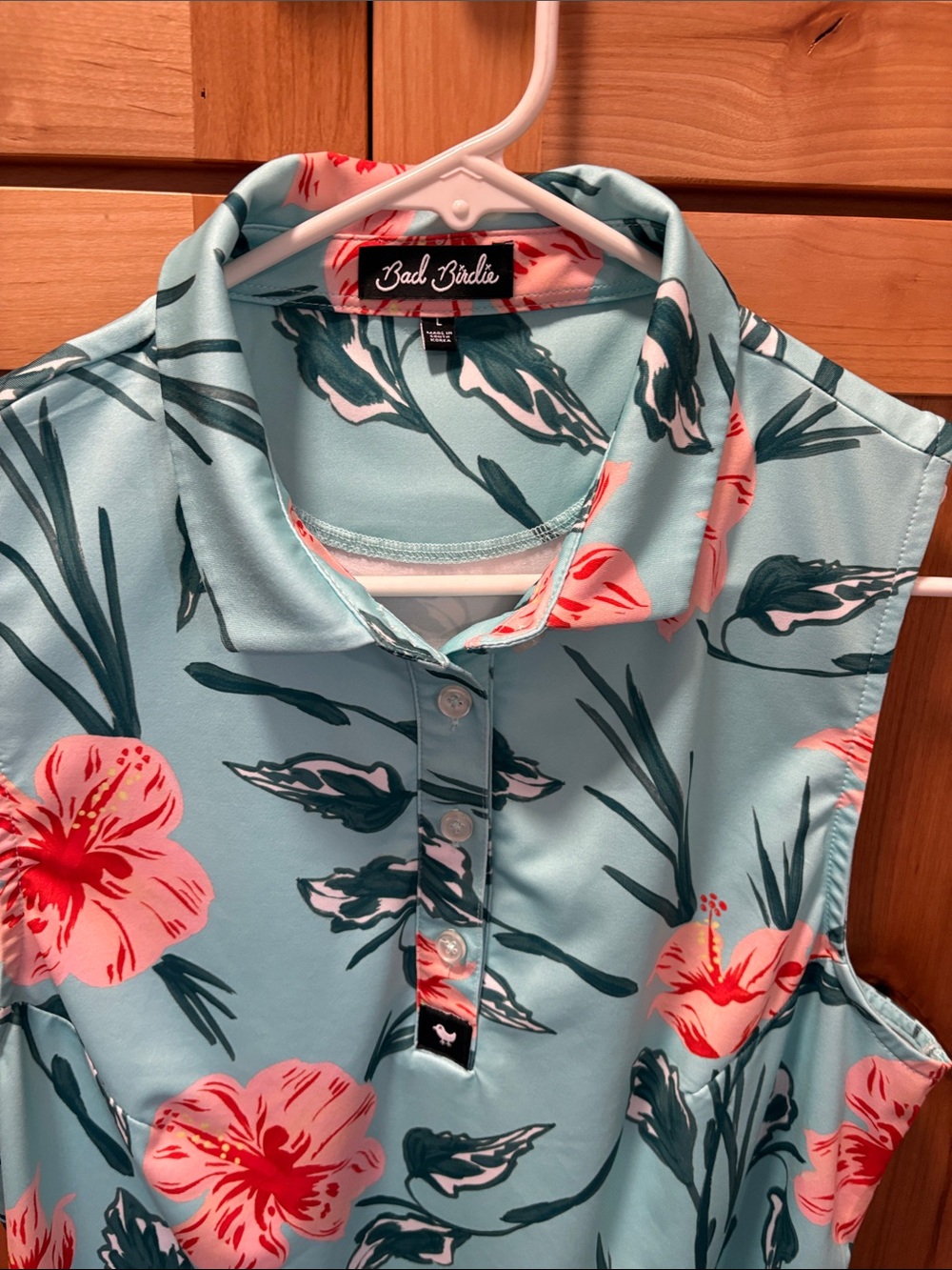 Bad Birdie Coral Floral Sleeveless Polo Tank on Aqua Base - Picture 4 of 4